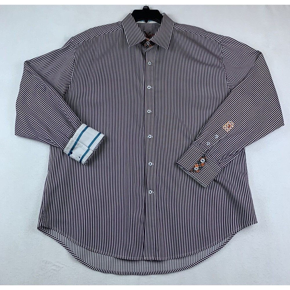 Robert Graham Men’s Button Up Maroon Embroidered Shirt Vertical Striped Size 2XL
